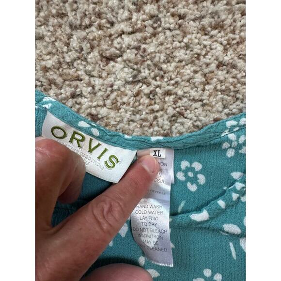 ORVIS Women's XL dress; lightweight & flowy; tie back; Green & white pattern - Picture 8 of 9
